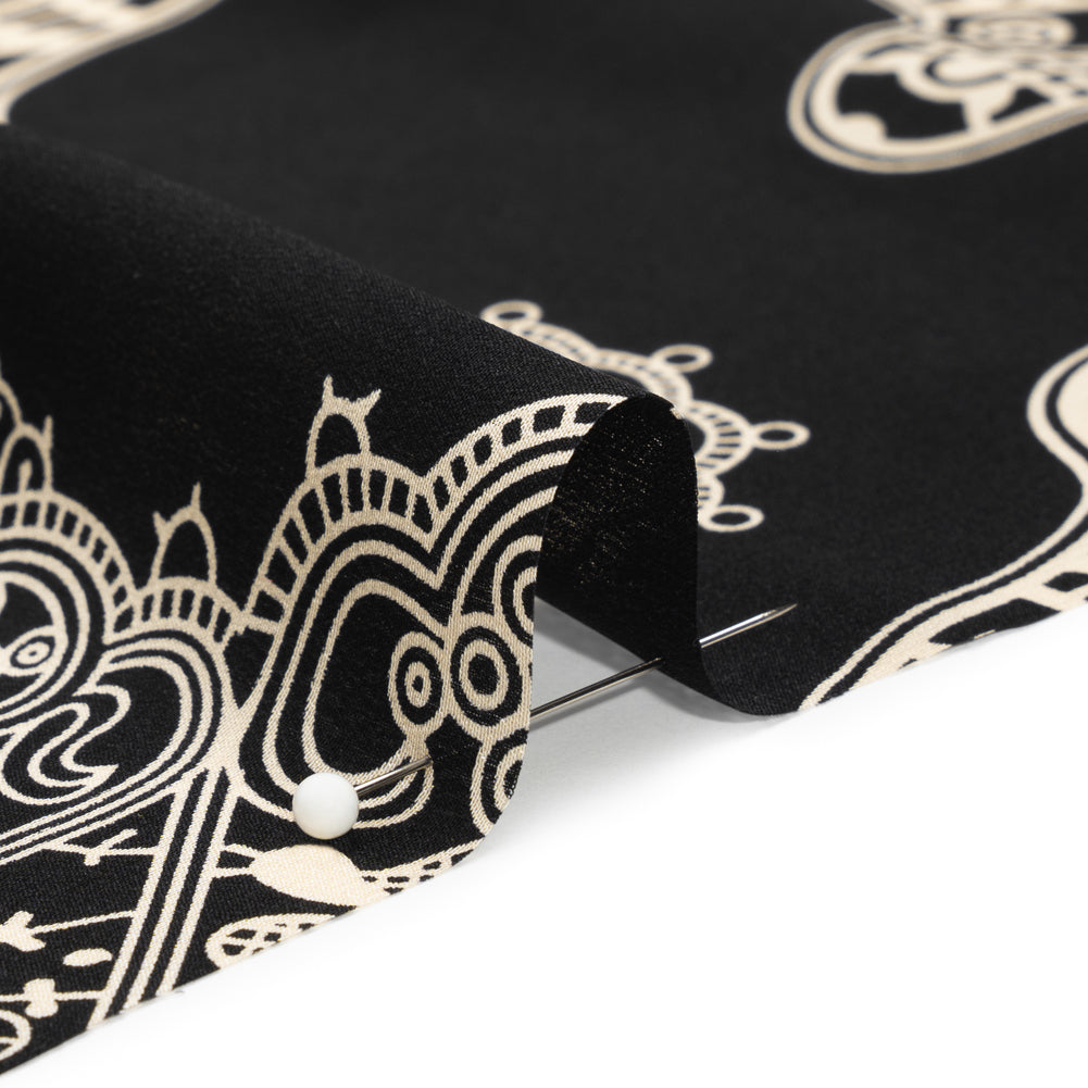 Black and Cream Eye Medallions Border Print Silk Crepe de Chine Folded