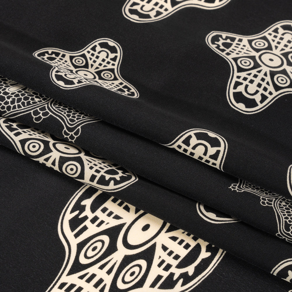 Black and Cream Eye Medallions Border Print Silk Crepe de Chine Full