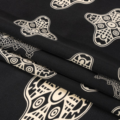 Black and Cream Eye Medallions Border Print Silk Crepe de Chine Full