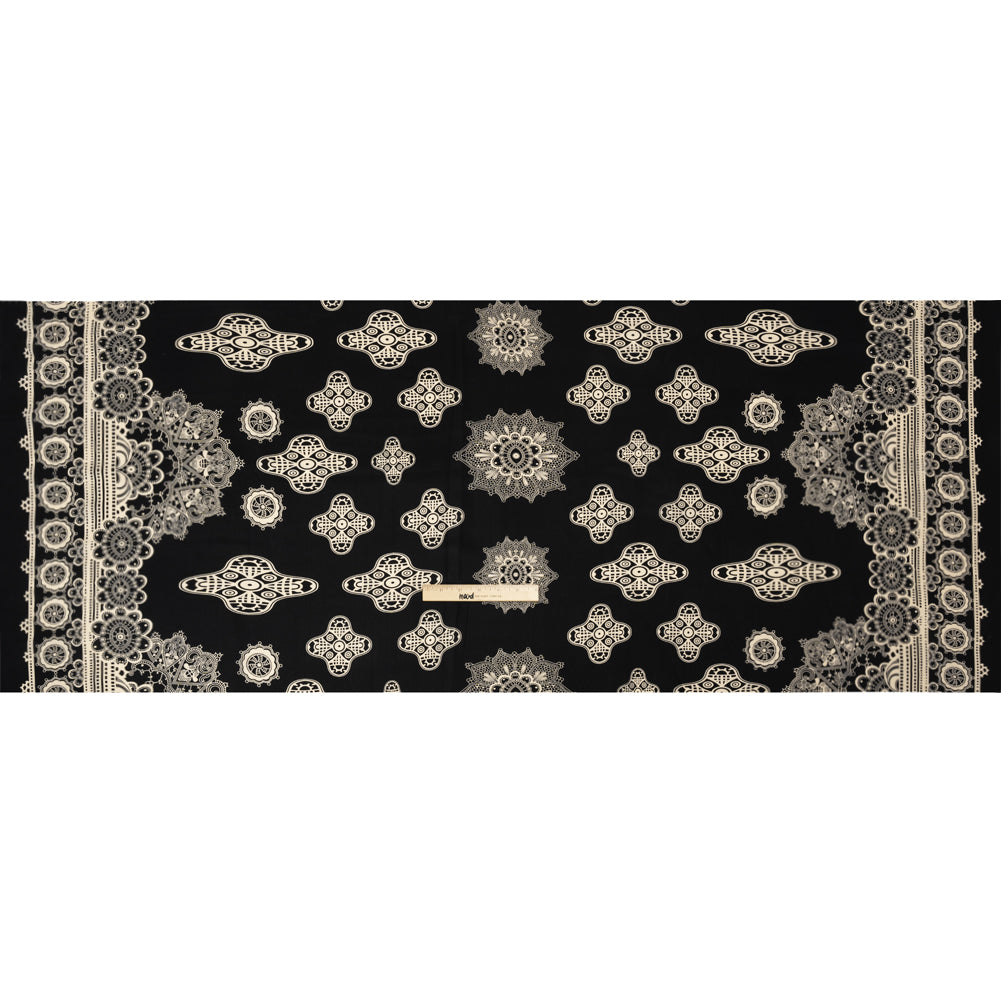 Black and Cream Eye Medallions Border Print Silk Crepe de Chine Drape