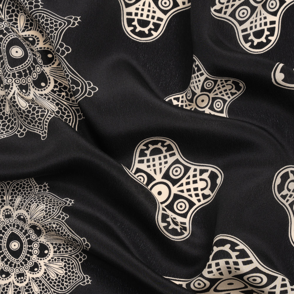 Black and Cream Eye Medallions Border Print Silk Crepe de Chine