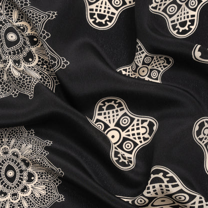 Black and Cream Eye Medallions Border Print Silk Crepe de Chine