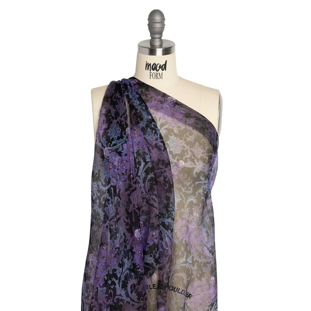 Purple, Black and Metallic Gold Matryoshka Doll Garden Crinkled Silk Chiffon Detail