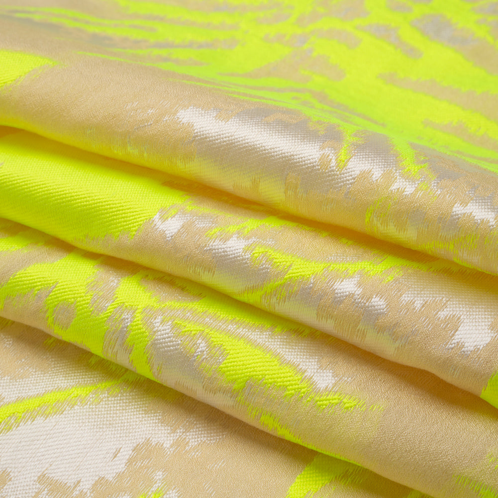 Neon Yellow, White and Beige Soft Leaves Lightweight Polyester and Viscose Luxury Brocade - Folded