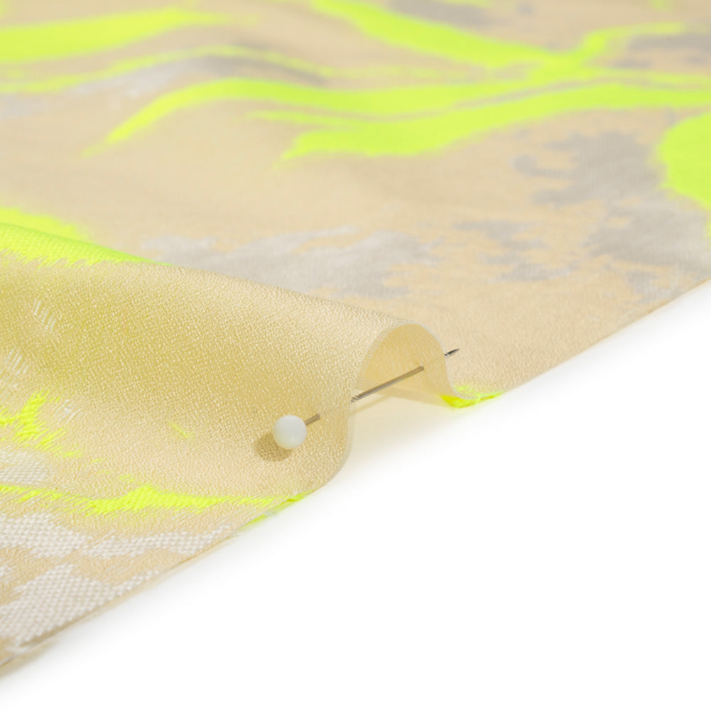 Neon Yellow, White and Beige Soft Leaves Lightweight Polyester and Viscose Luxury Brocade - Detail