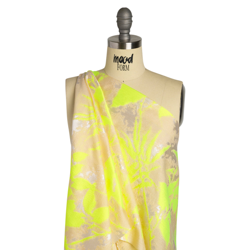 Neon Yellow, White and Beige Soft Leaves Lightweight Polyester and Viscose Luxury Brocade - Drape