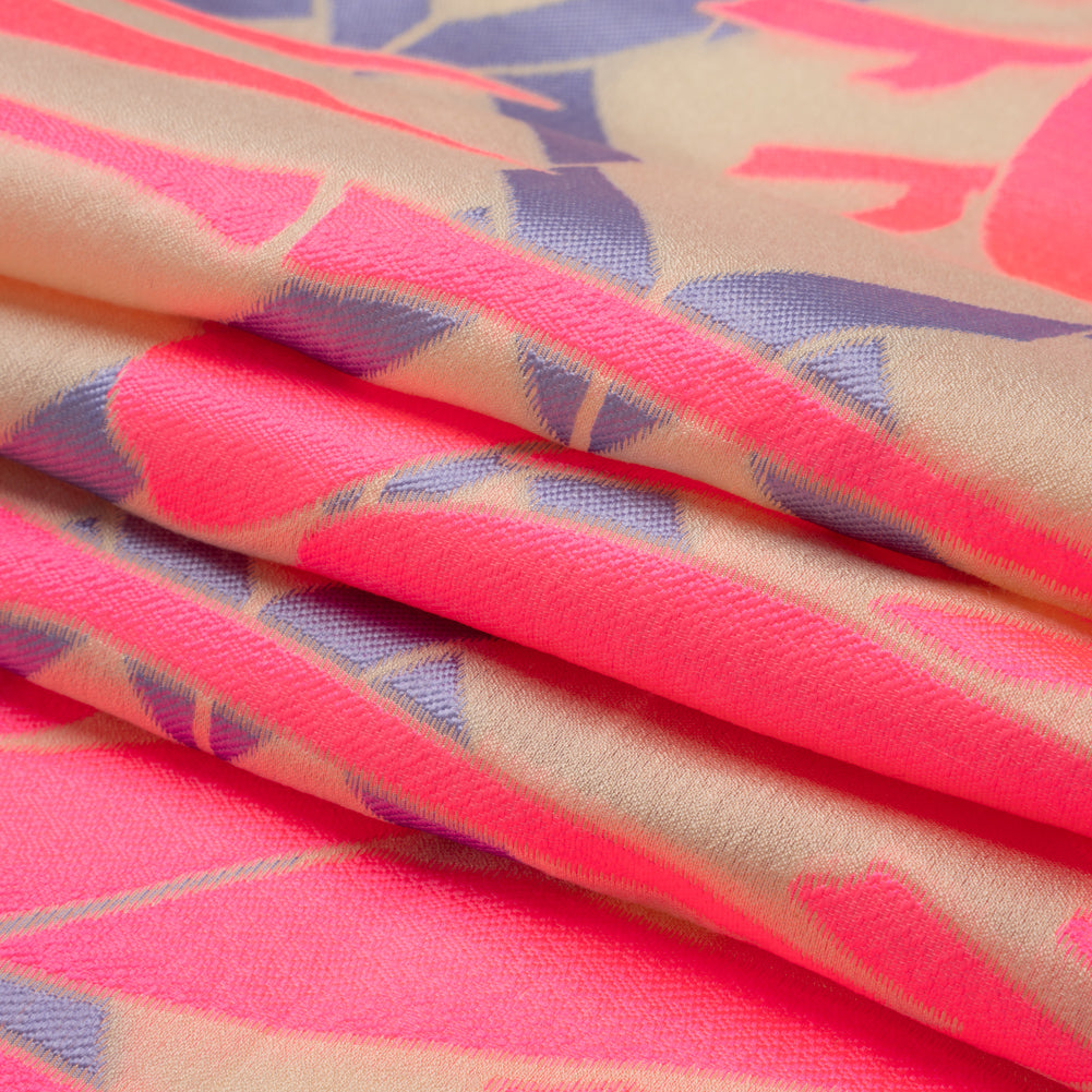 Neon Pink, Periwinkle and Beige Bamboo Lattice Lightweight Polyester and Viscose Luxury Brocade - Folded