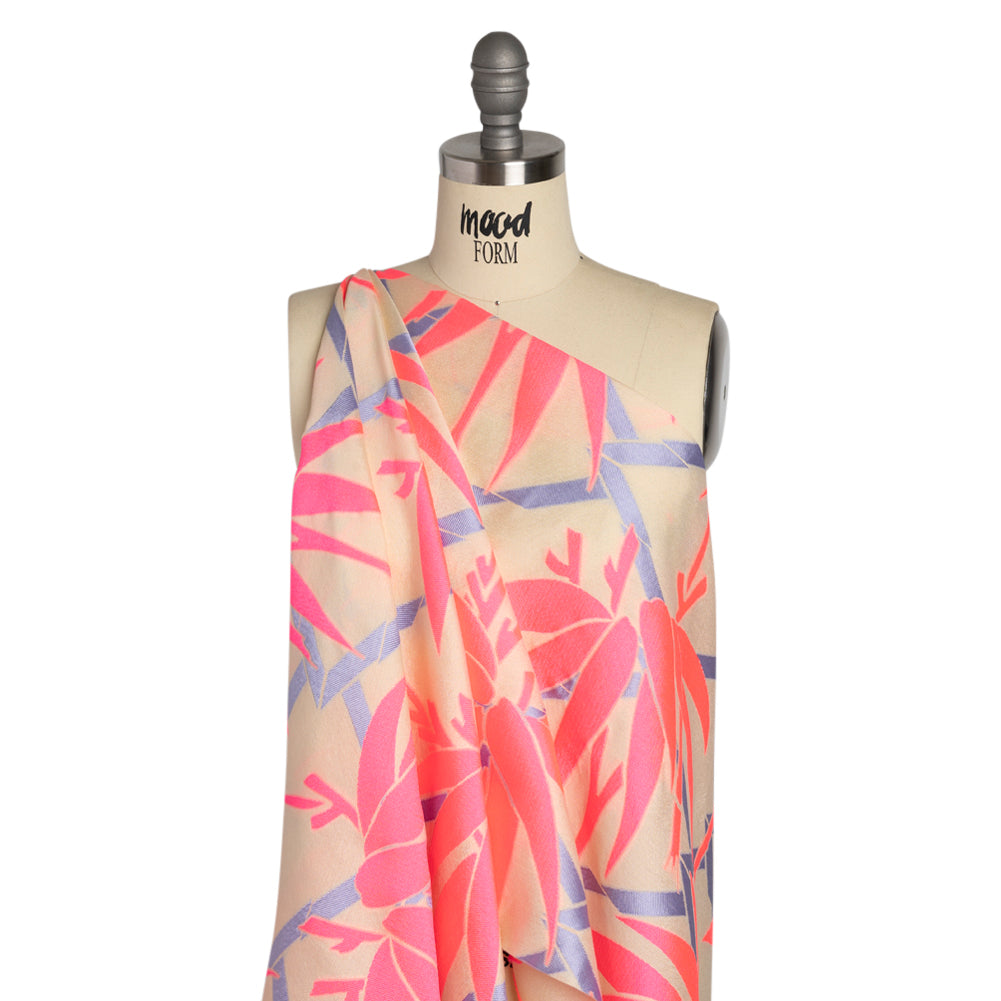 Neon Pink, Periwinkle and Beige Bamboo Lattice Lightweight Polyester and Viscose Luxury Brocade - Drape