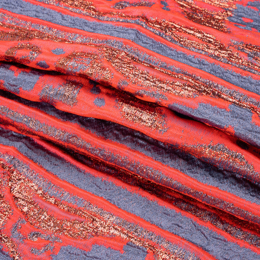 Metallic Copper, Neon Pink and Periwinkle Inkblot Stripes Luxury Brocade - Folded