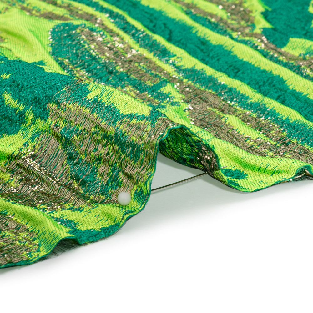 Metallic Gold, Lime and Teal Inkblot Stripes Luxury Brocade - Detail