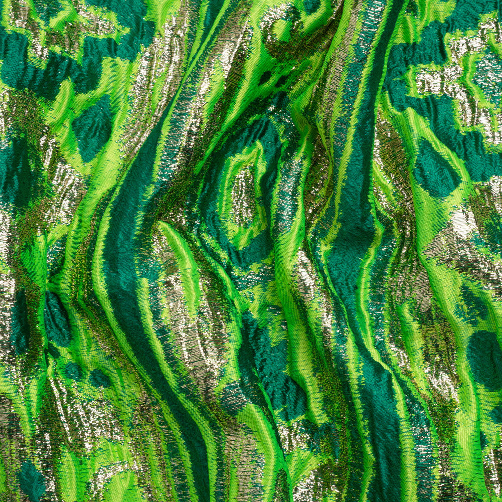 Metallic Gold, Lime and Teal Inkblot Stripes Luxury Brocade