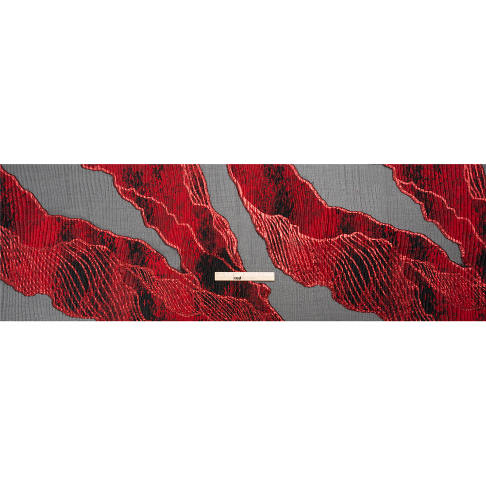 Metallic Red and Black Abstract Formations Ribbed Burnout Luxury Brocade - Full