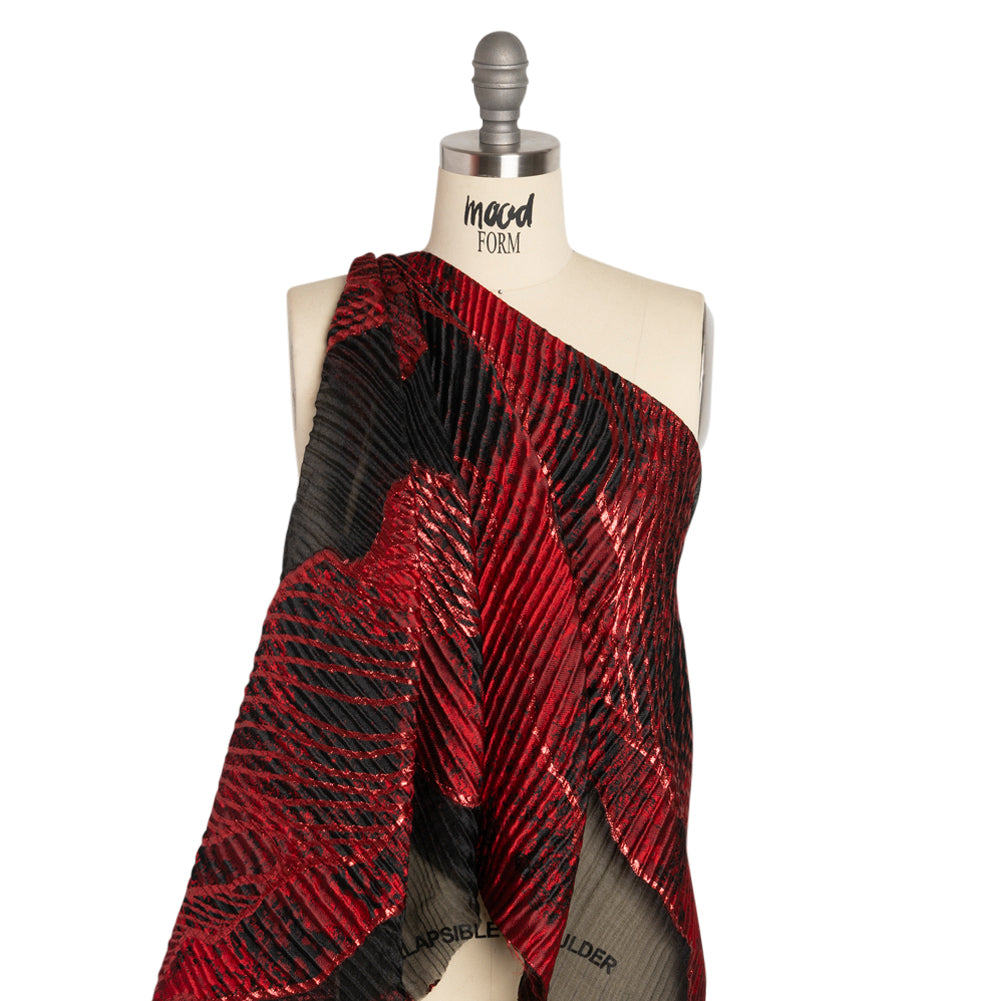 Metallic Red and Black Abstract Formations Ribbed Burnout Luxury Brocade - Drape