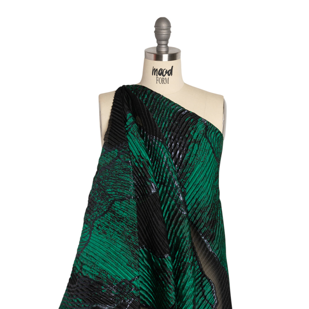 Metallic Black and Green Abstract Formations Ribbed Burnout Luxury Brocade - Drape