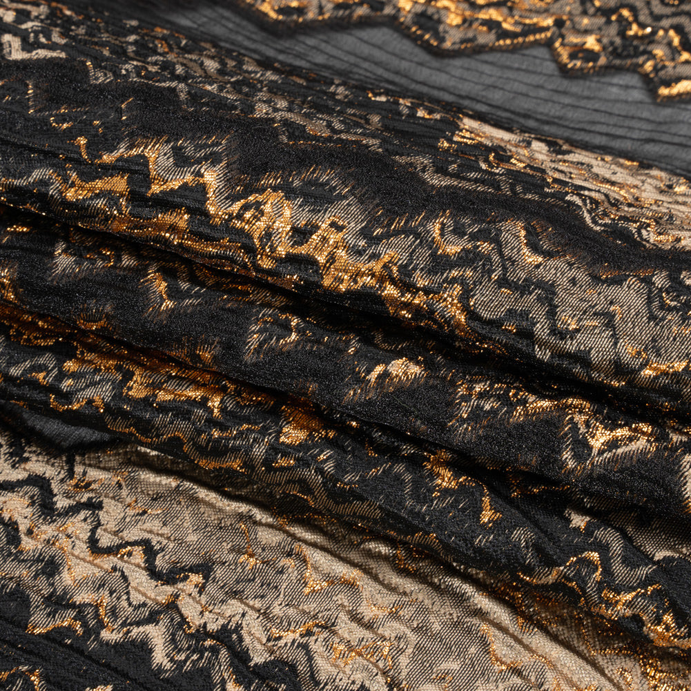 Metallic Gold, Taupe and Black Drifting Rifts Crinkled Luxury Burnout Brocade - Folded