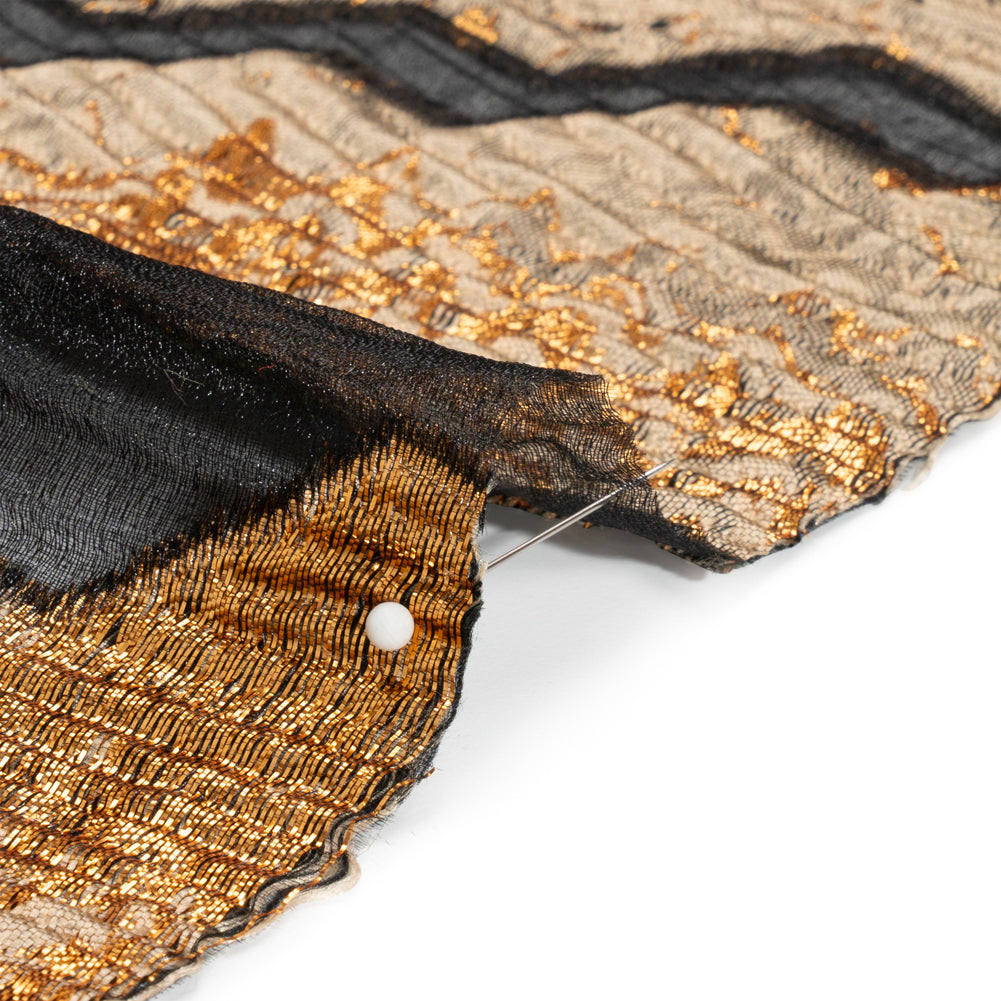 Metallic Gold, Taupe and Black Drifting Rifts Crinkled Luxury Burnout Brocade - Detail