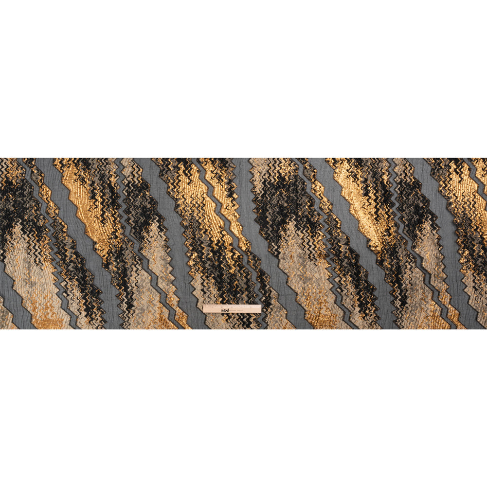 Metallic Gold, Taupe and Black Drifting Rifts Crinkled Luxury Burnout Brocade - Full