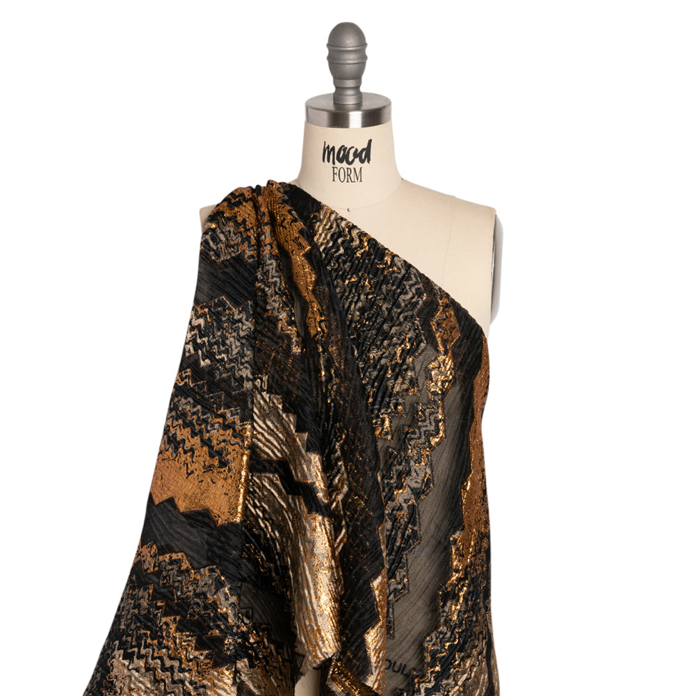 Metallic Gold, Taupe and Black Drifting Rifts Crinkled Luxury Burnout Brocade - Drape