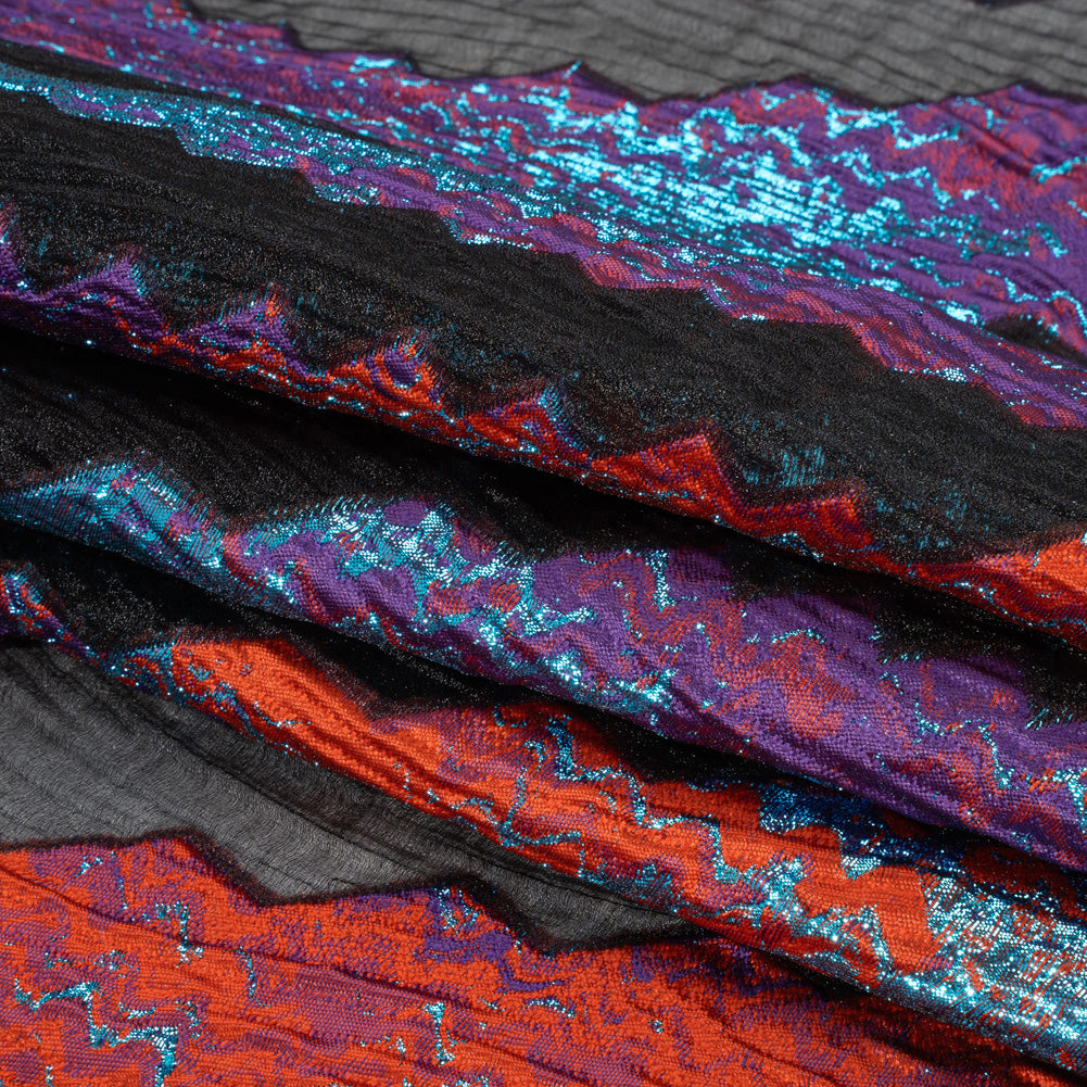 Metallic Turquoise, Brick and Purple Drifting Rifts Crinkled Luxury Burnout Brocade - Folded