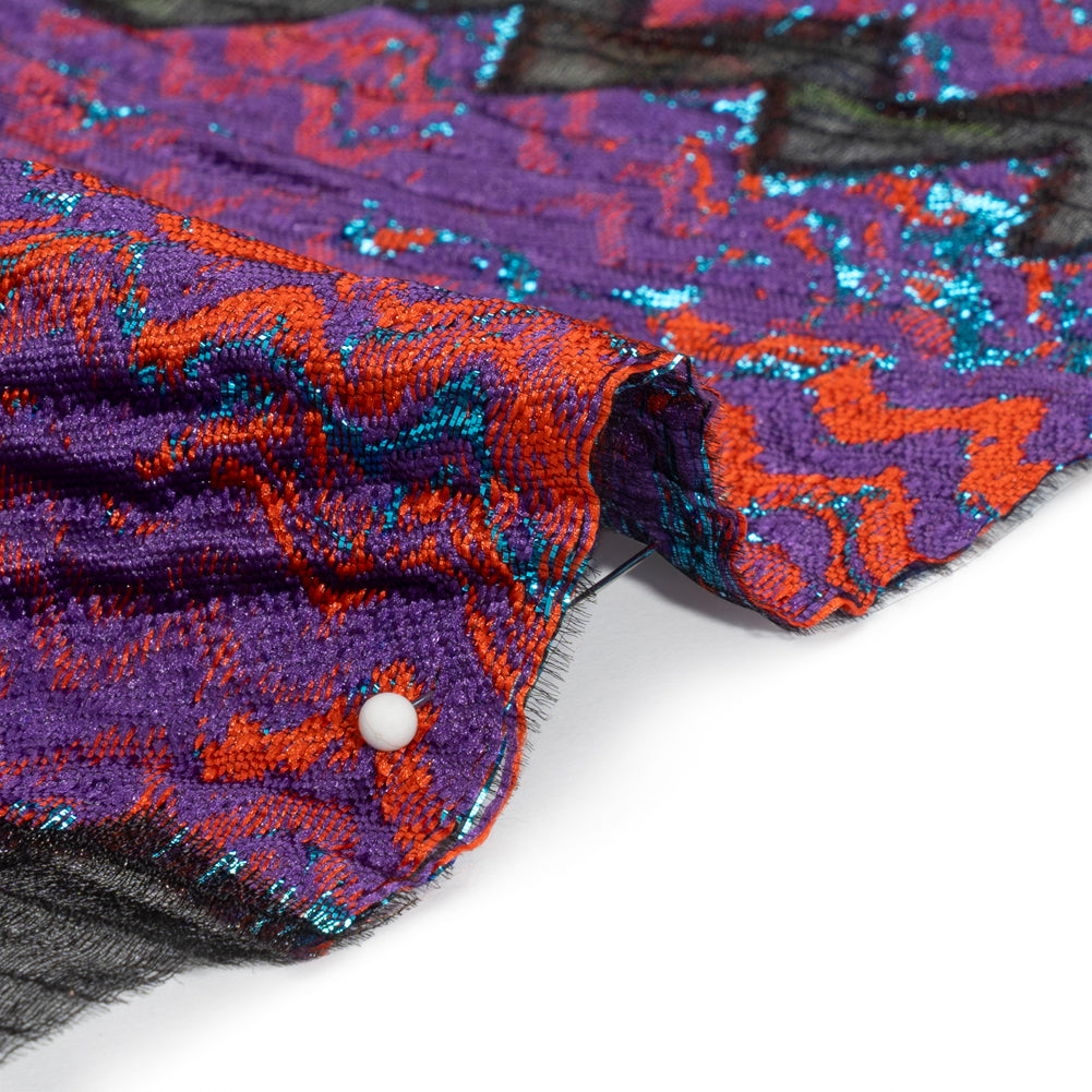 Metallic Turquoise, Brick and Purple Drifting Rifts Crinkled Luxury Burnout Brocade - Detail