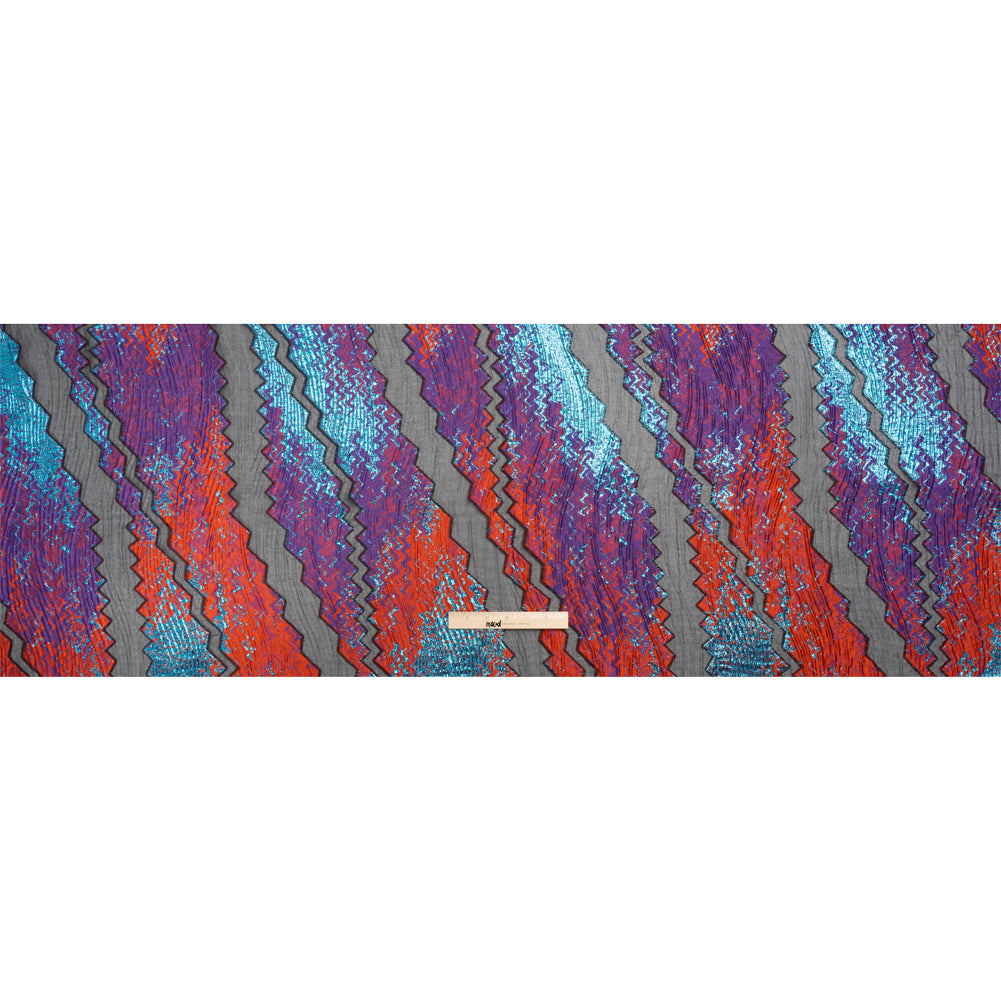 Metallic Turquoise, Brick and Purple Drifting Rifts Crinkled Luxury Burnout Brocade - Full