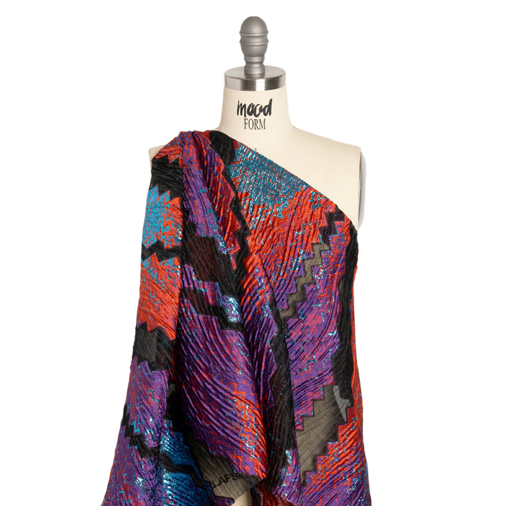 Metallic Turquoise, Brick and Purple Drifting Rifts Crinkled Luxury Burnout Brocade - Drape