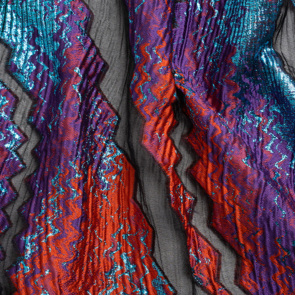 Metallic Turquoise, Brick and Purple Drifting Rifts Crinkled Luxury Burnout Brocade