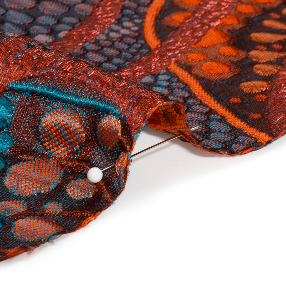 Metallic Red, Burnt Orange and Navy Organic Flow Luxury Brocade - Detail