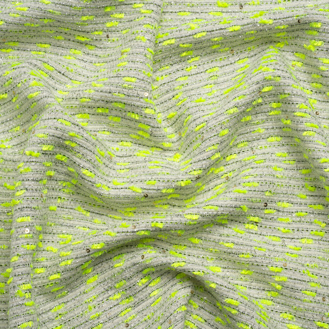 Chenille Woven with Sequins and Eyelash Fringe - White, Neon Yellow and Metallic Silver
