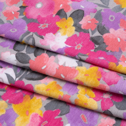 Stretch Rayon Jersey - Pink, Purple and Yellow Floral Folded