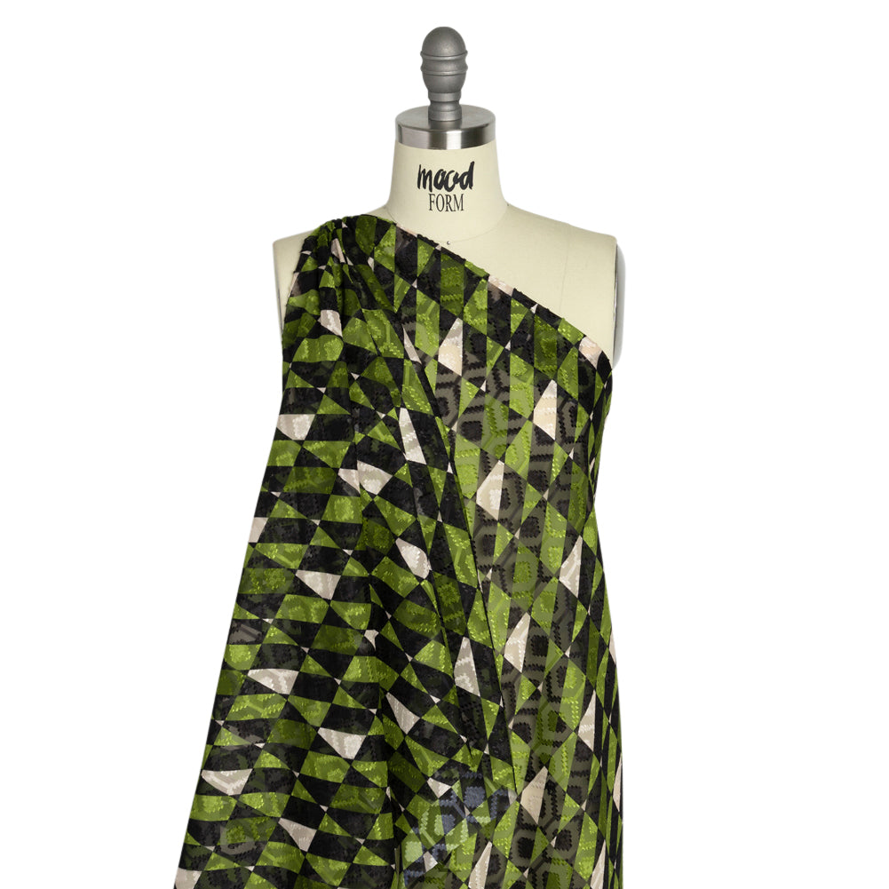 Geometric Burnout Polyester Woven Print - Green Divided Squares - Mood Exclusive Healthshire Hills Detail
