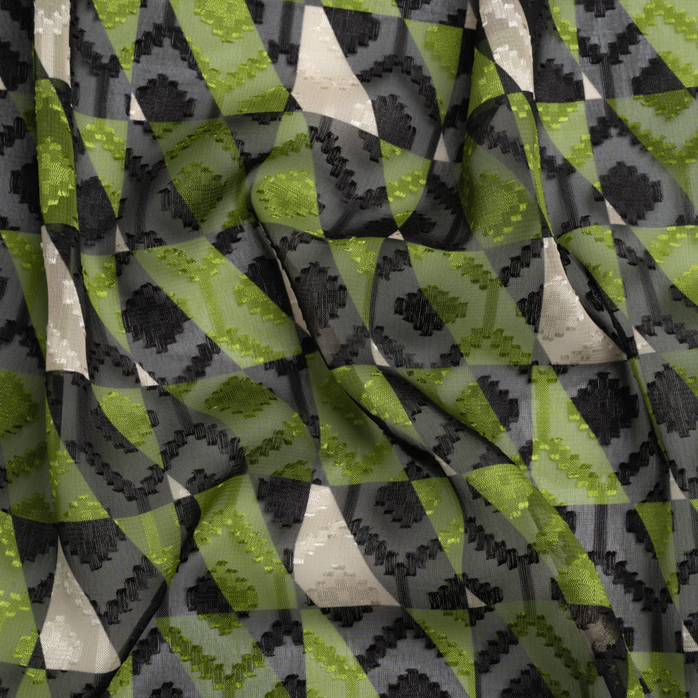 Geometric Burnout Polyester Woven Print - Green Divided Squares - Mood Exclusive Healthshire Hills