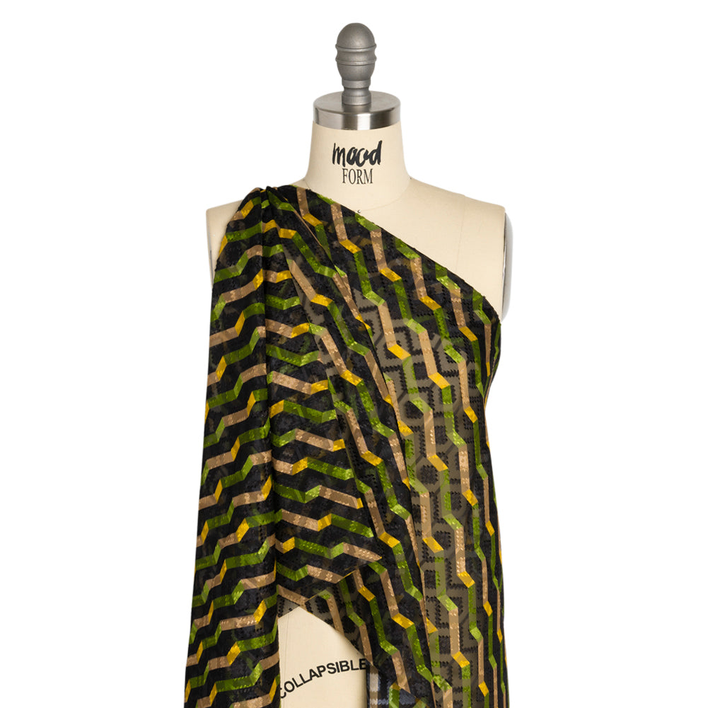 Geometric Burnout Polyester Woven Print - Green Zig Zags - Mood Exclusive Wicked Will Island Detail