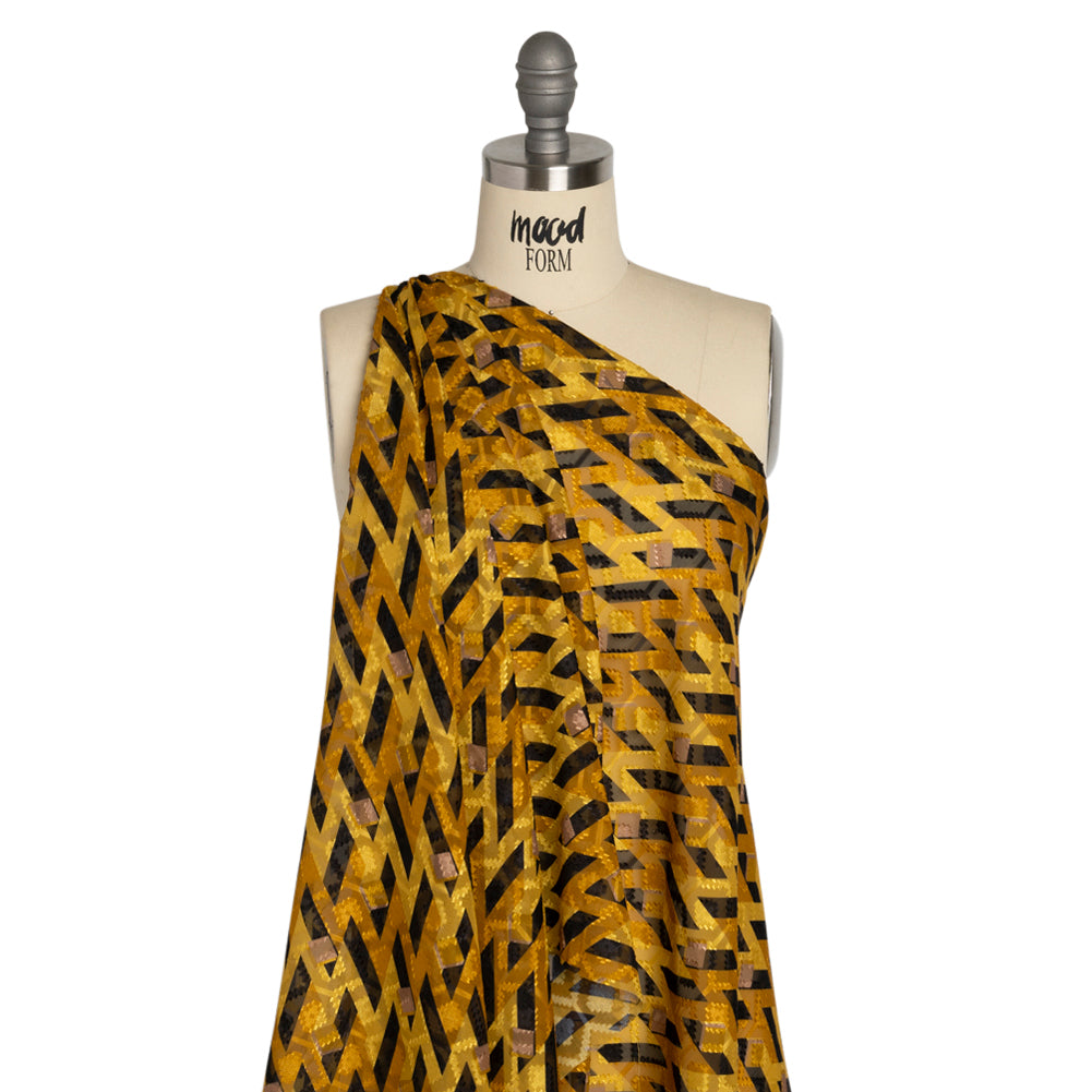 Geometric Burnout Polyester Woven Print - Golden Yellow and Black Geometric - Mood Exclusive Treasures Untold Detail