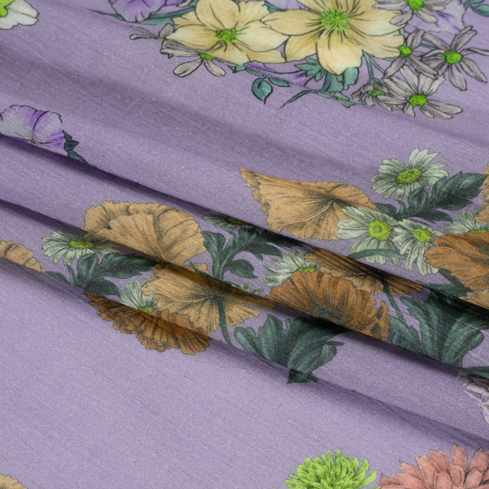 Crinkled Cotton Gauzy Woven Print - Light Purple Floral Bunches - Mood Exclusive Flower Shoppe Folded