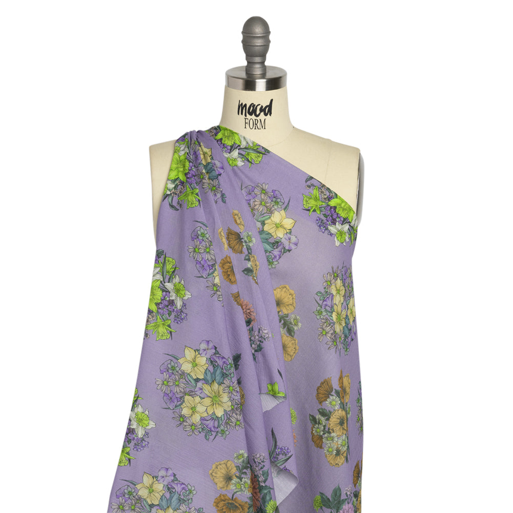 Crinkled Cotton Gauzy Woven Print - Light Purple Floral Bunches - Mood Exclusive Flower Shoppe Drape