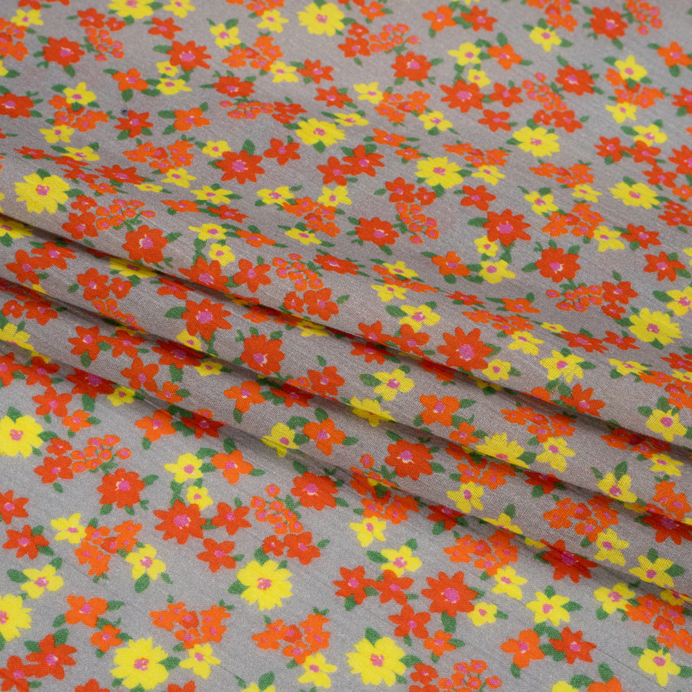 Crinkled Cotton Gauzy Woven Print - Red, Yellow and Gray Floral - Mood Exclusive Little Lillies Folded