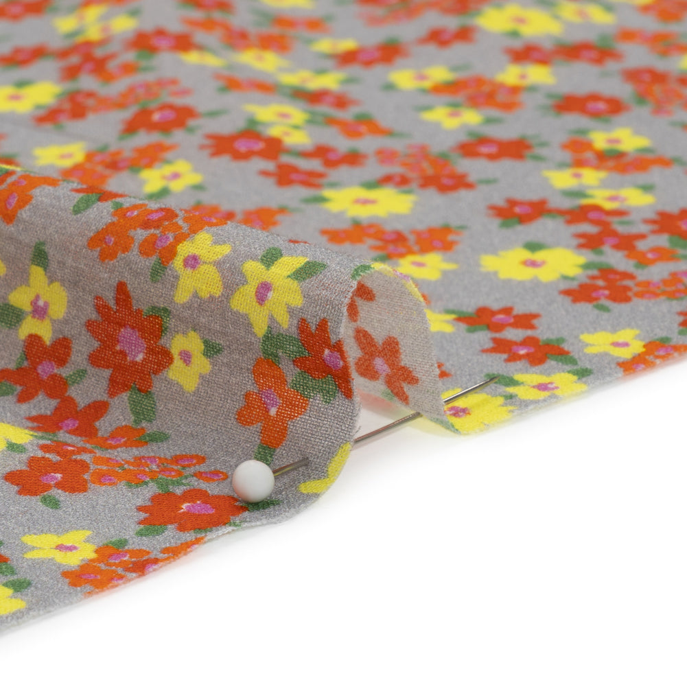 Crinkled Cotton Gauzy Woven Print - Red, Yellow and Gray Floral - Mood Exclusive Little Lillies Detail