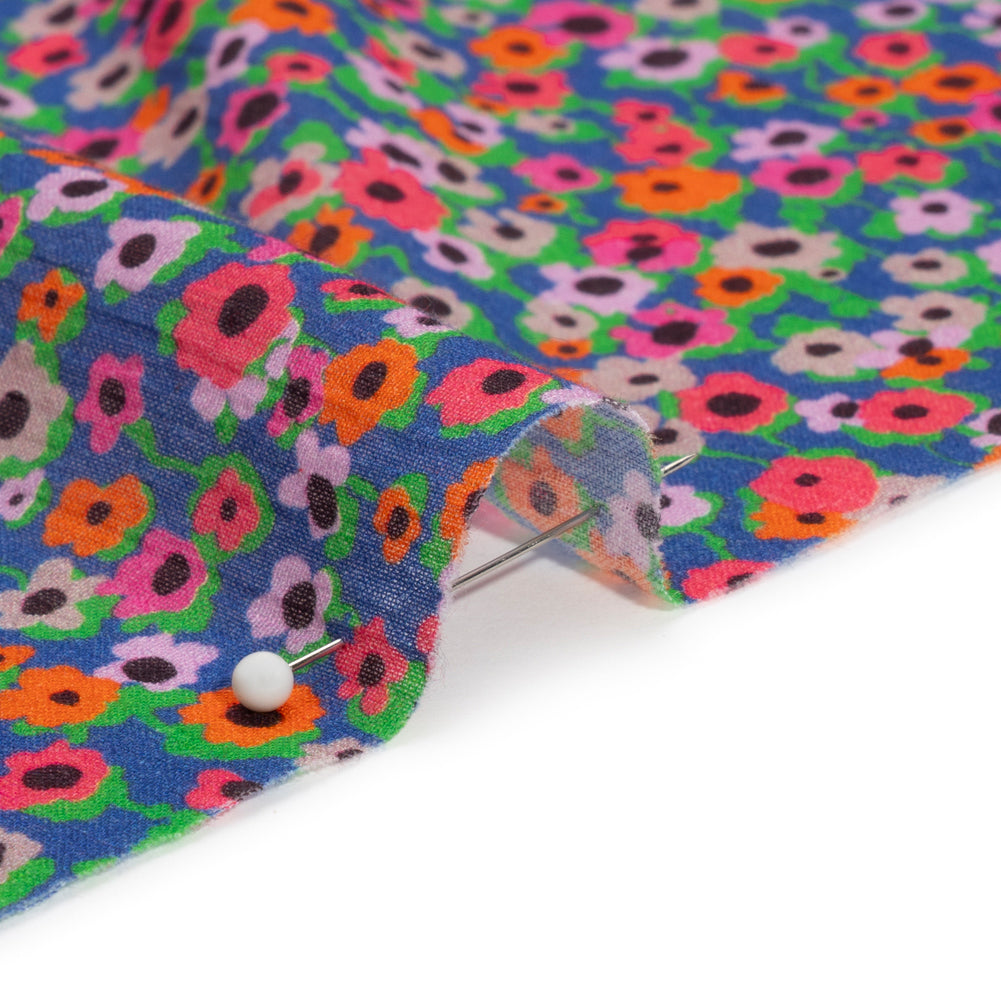 Crinkled Cotton Gauzy Woven Print - Hot Pink, Orange and Blue Floral - Mood Exclusive Bed of Begonias Detail