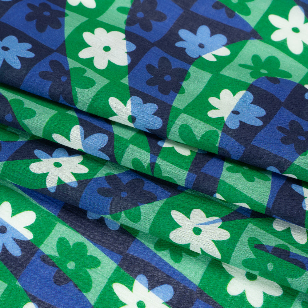 Crinkled Cotton Gauzy Woven Print - Green and Blue Flowers and Swirls on Checks - Mood Exclusive Gardener's Game Folded