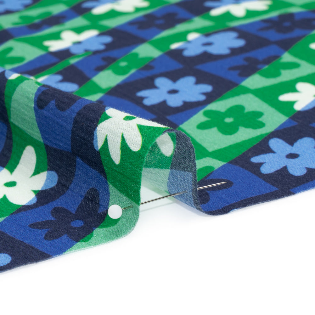 Crinkled Cotton Gauzy Woven Print - Green and Blue Flowers and Swirls on Checks - Mood Exclusive Gardener's Game Detail