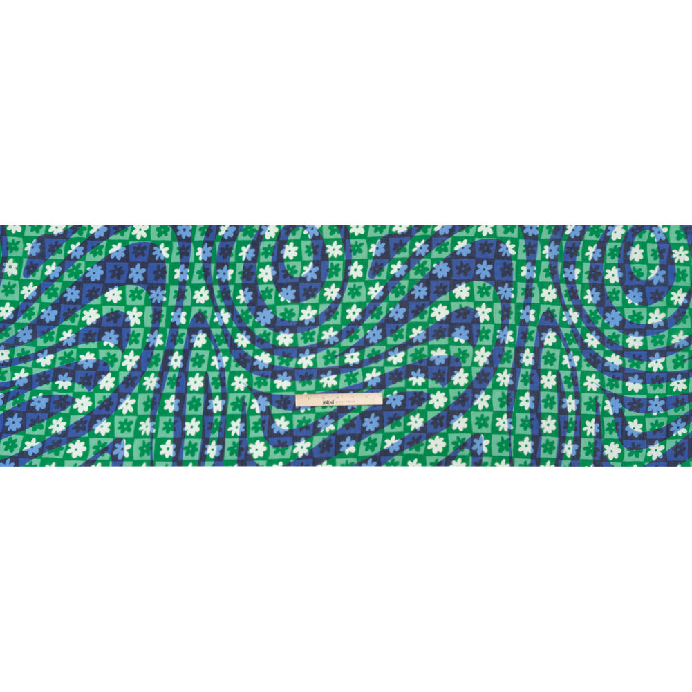 Crinkled Cotton Gauzy Woven Print - Green and Blue Flowers and Swirls on Checks - Mood Exclusive Gardener's Game Full