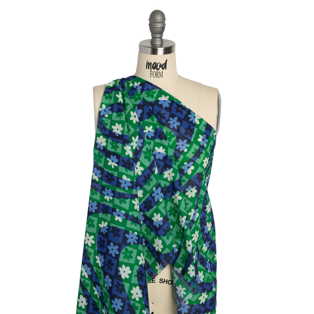 Crinkled Cotton Gauzy Woven Print - Green and Blue Flowers and Swirls on Checks - Mood Exclusive Gardener's Game Drape