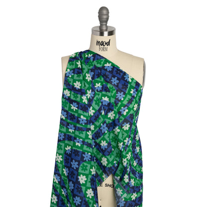 Crinkled Cotton Gauzy Woven Print - Green and Blue Flowers and Swirls on Checks - Mood Exclusive Gardener's Game Drape