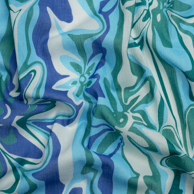 Crinkled Cotton Gauzy Woven Print - Blue and Green Floral Ripples - Mood Exclusive Float On