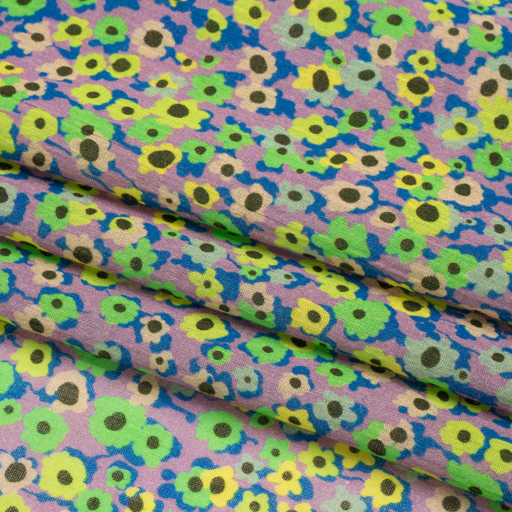 Crinkled Cotton Gauzy Woven Print - Lemon, Lime and Purple Floral - Mood Exclusive Bed of Begonias Folded