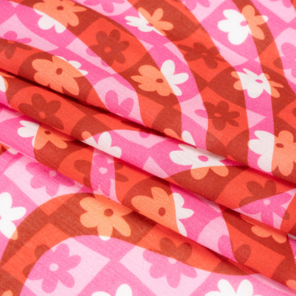 Crinkled Cotton Gauzy Woven Print - Red and Pink Flowers and Swirls on Checks - Mood Exclusive Gardener's Game Folded