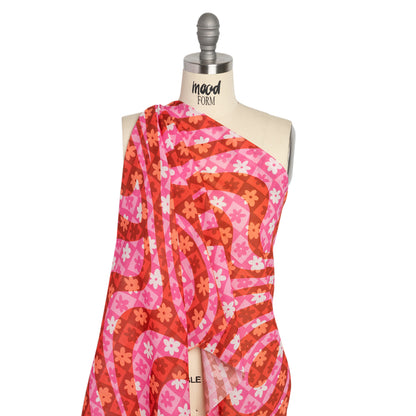 Crinkled Cotton Gauzy Woven Print - Red and Pink Flowers and Swirls on Checks - Mood Exclusive Gardener's Game Drape