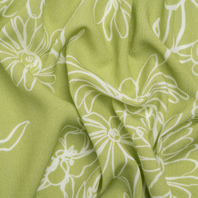Mood Exclusive Lime Doodling Daisies Crinkled Gauzy Viscose Crepe