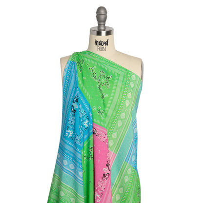 Metallic Viscose Woven Panel - Blue, Green and Pink Bandana Paisley Patchwork - Mood Exclusive Bandana Believer Drape